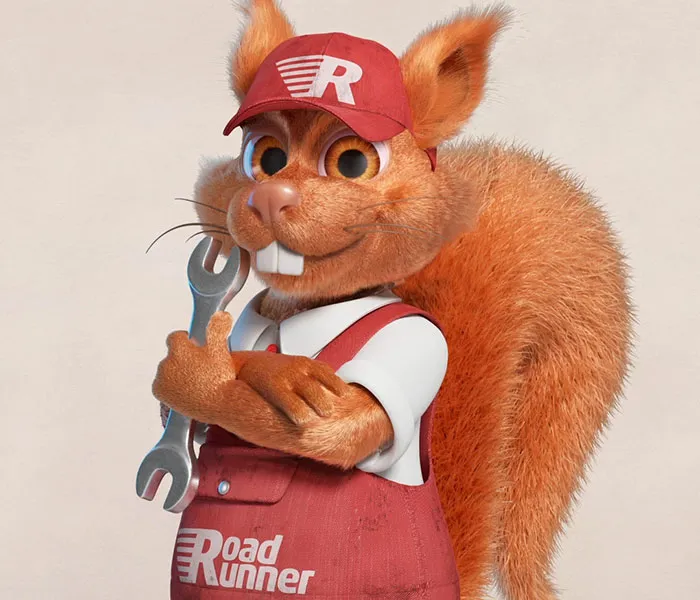 A cartoon squirrel wearing red overalls and a cap holds a wrench, standing in a confident pose with crossed arms.