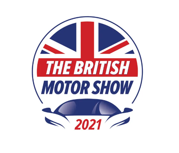 Logo of The British Motor Show 2021 featuring a Union Jack design above a stylized blue car on a white background.