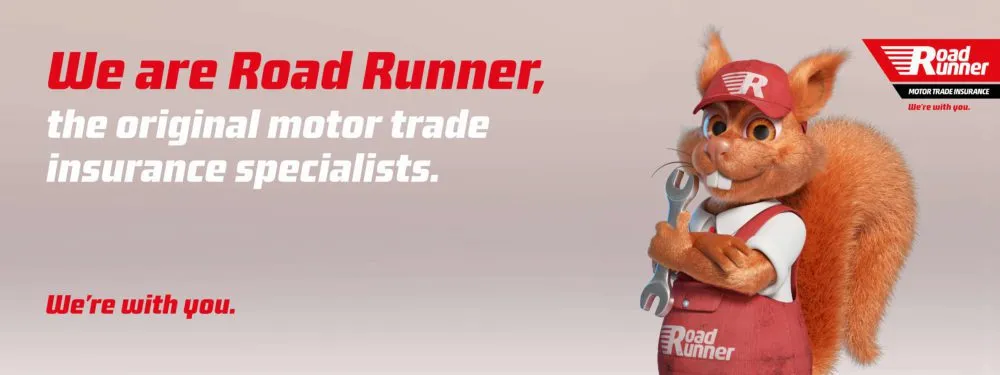 Road Runner squirrel mascot in red cap and overalls holding a wrench, promoting motor trade insurance services. Text: 