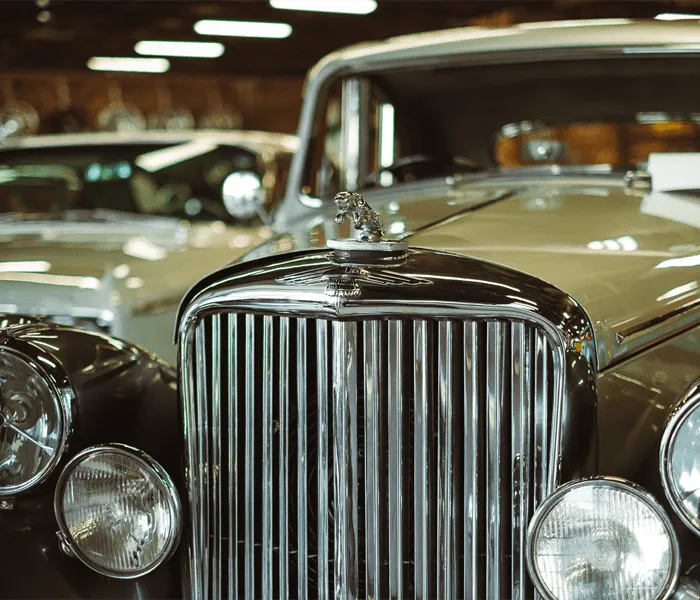 Close-up of the front grille of a classic car with a hood ornament. Other vintage cars are visible in the blurred background.