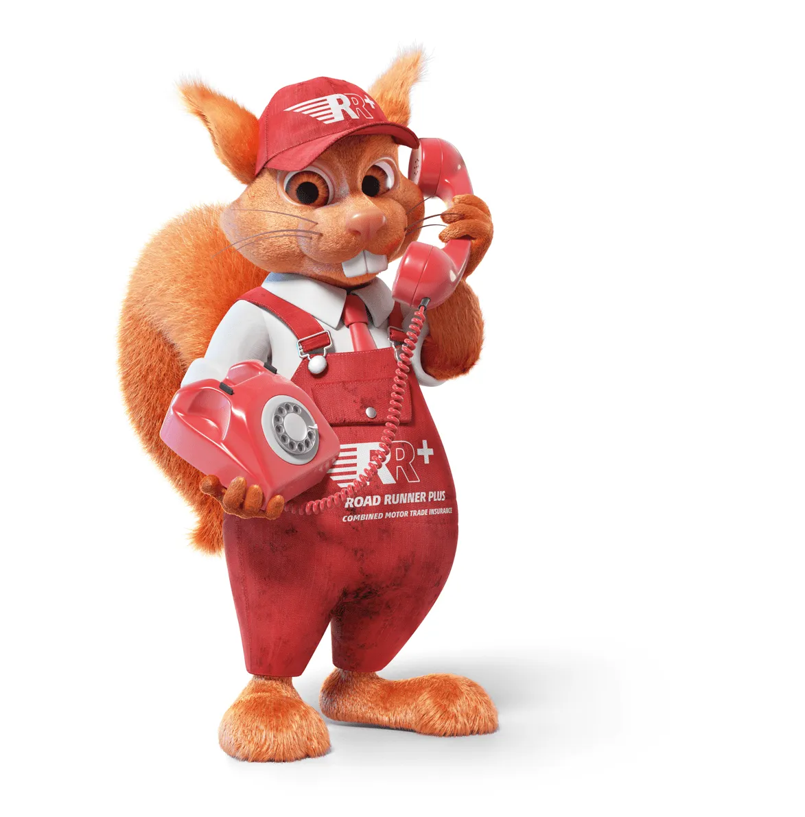 Animated squirrel character in red uniform and cap holding a retro red telephone, with a business logo on clothing and cap.