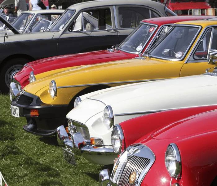 A row of colorful vintage cars, including yellow, white, and red models, parked on a grassy field at an outdoor event.