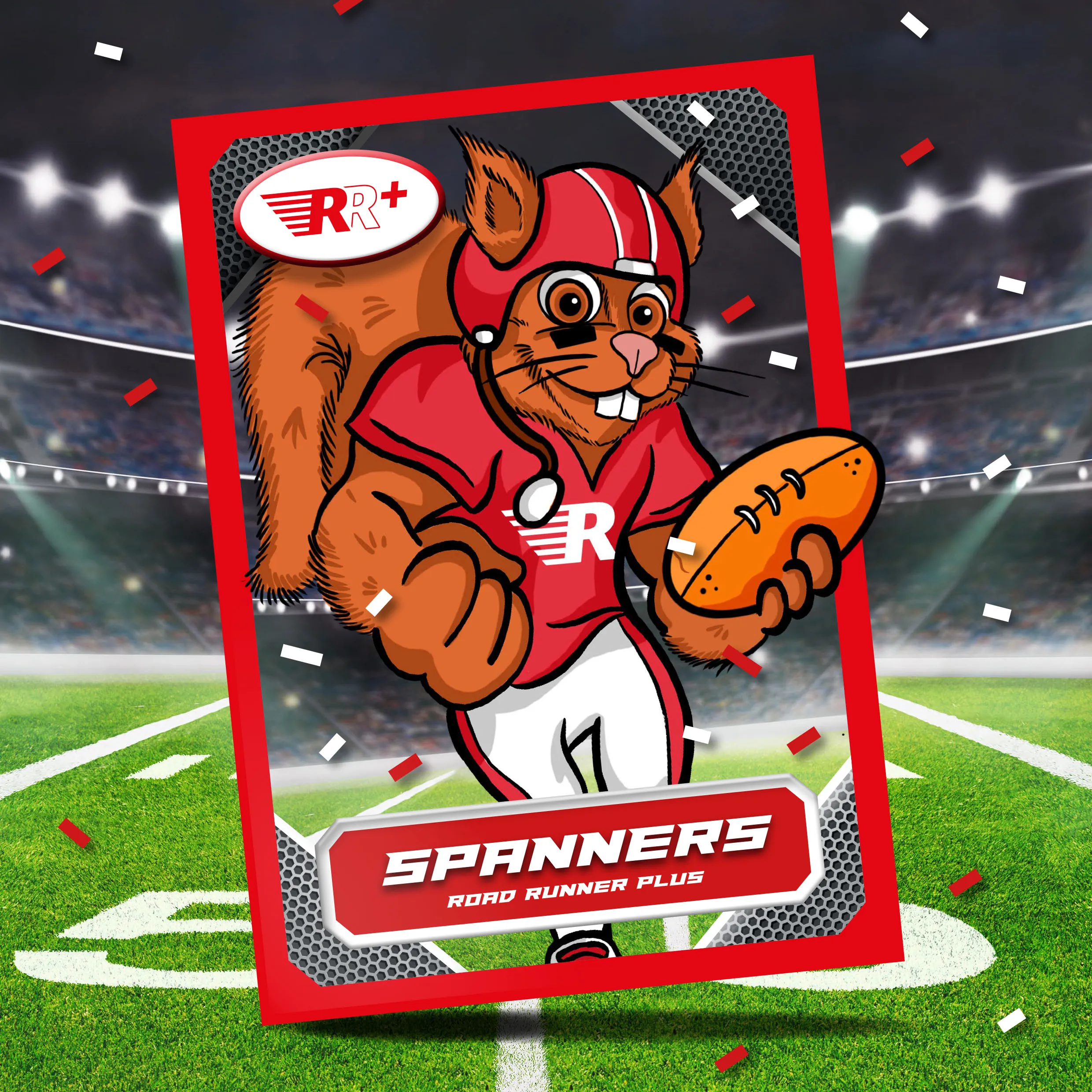 A sports trading card featuring an animated squirrel in a red football uniform holding a football. Text: 