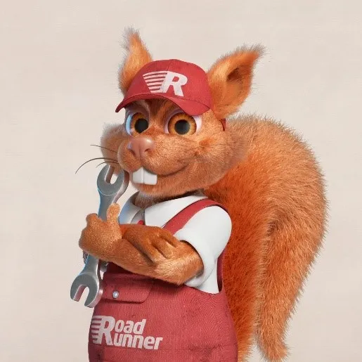 A cartoon squirrel wearing a red cap and overalls labeled 