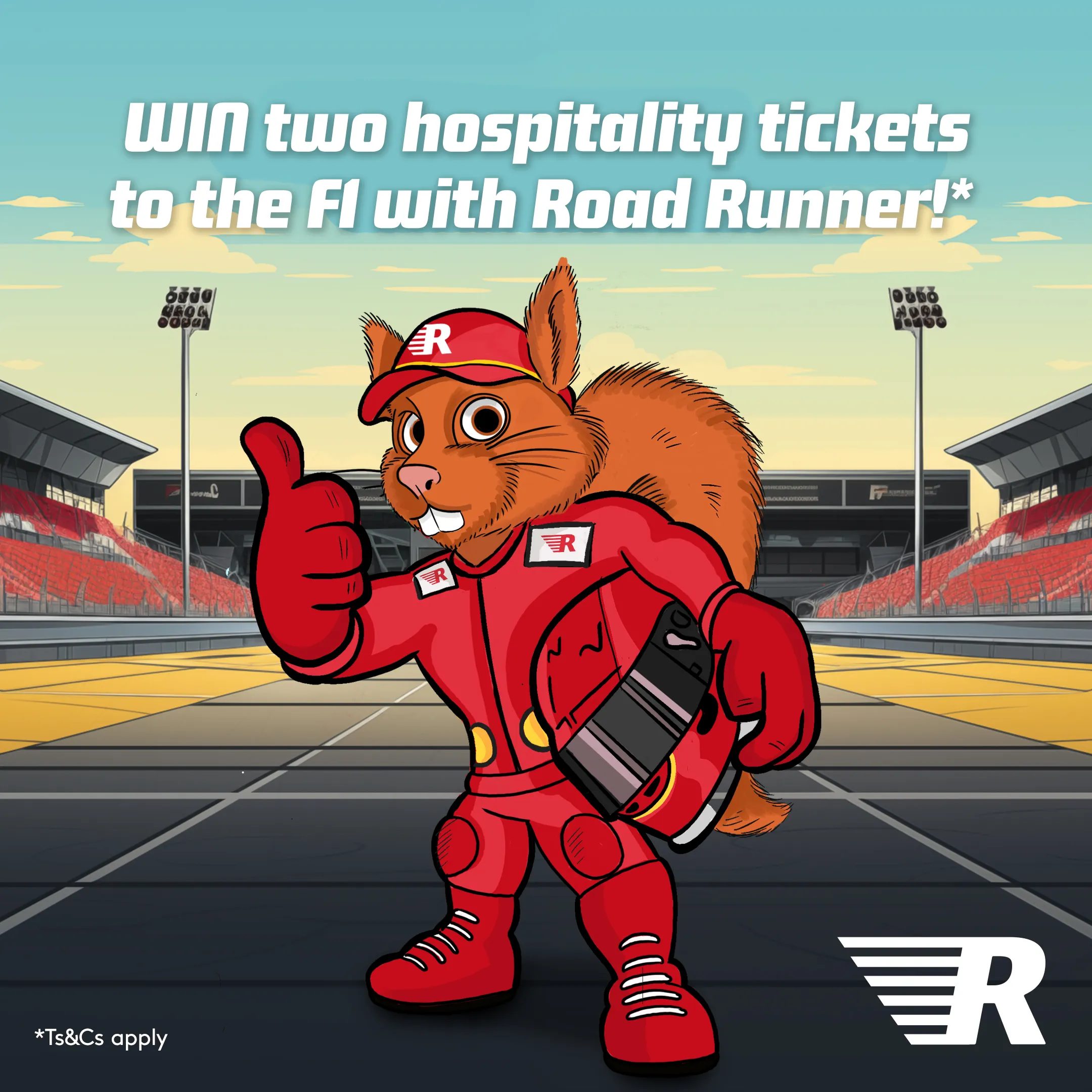 Cartoon squirrel in a racing suit gives a thumbs up on a racetrack. Text: 