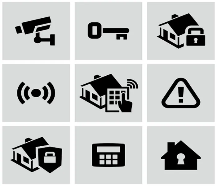 A 3x3 grid depicts icons of security cameras, keys, houses, alarms, and locks, illustrating various home security concepts.